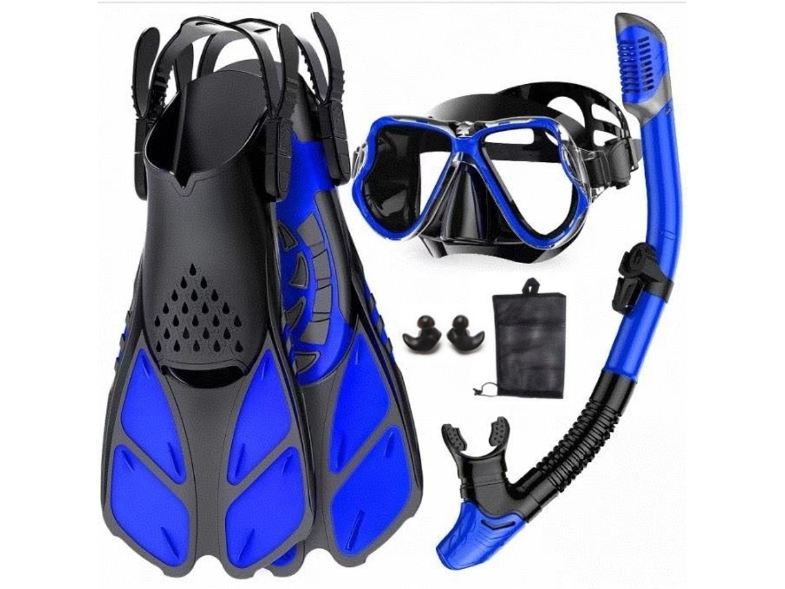 Set De Snorkel 3 Piezas Máscara, Snorkel, Aletas Ajustables, Color Azul-negro, L (42-45).