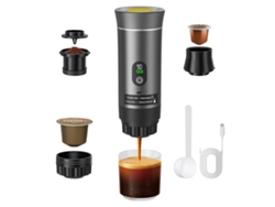 Cafetera espresso, diseño portátil, opciones de preparación versátiles, color gris.