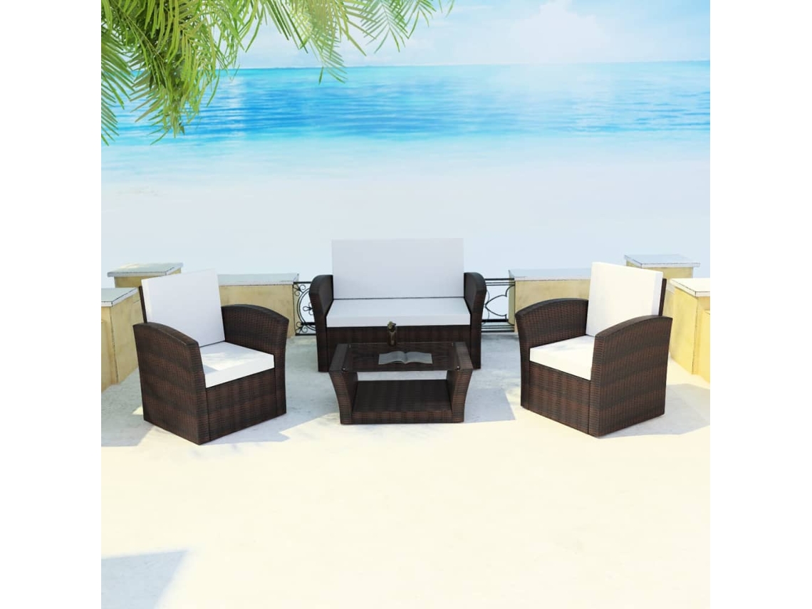Conjunto de jardín de 4 piezas con cojines de mimbre marrón DKD Home Decor