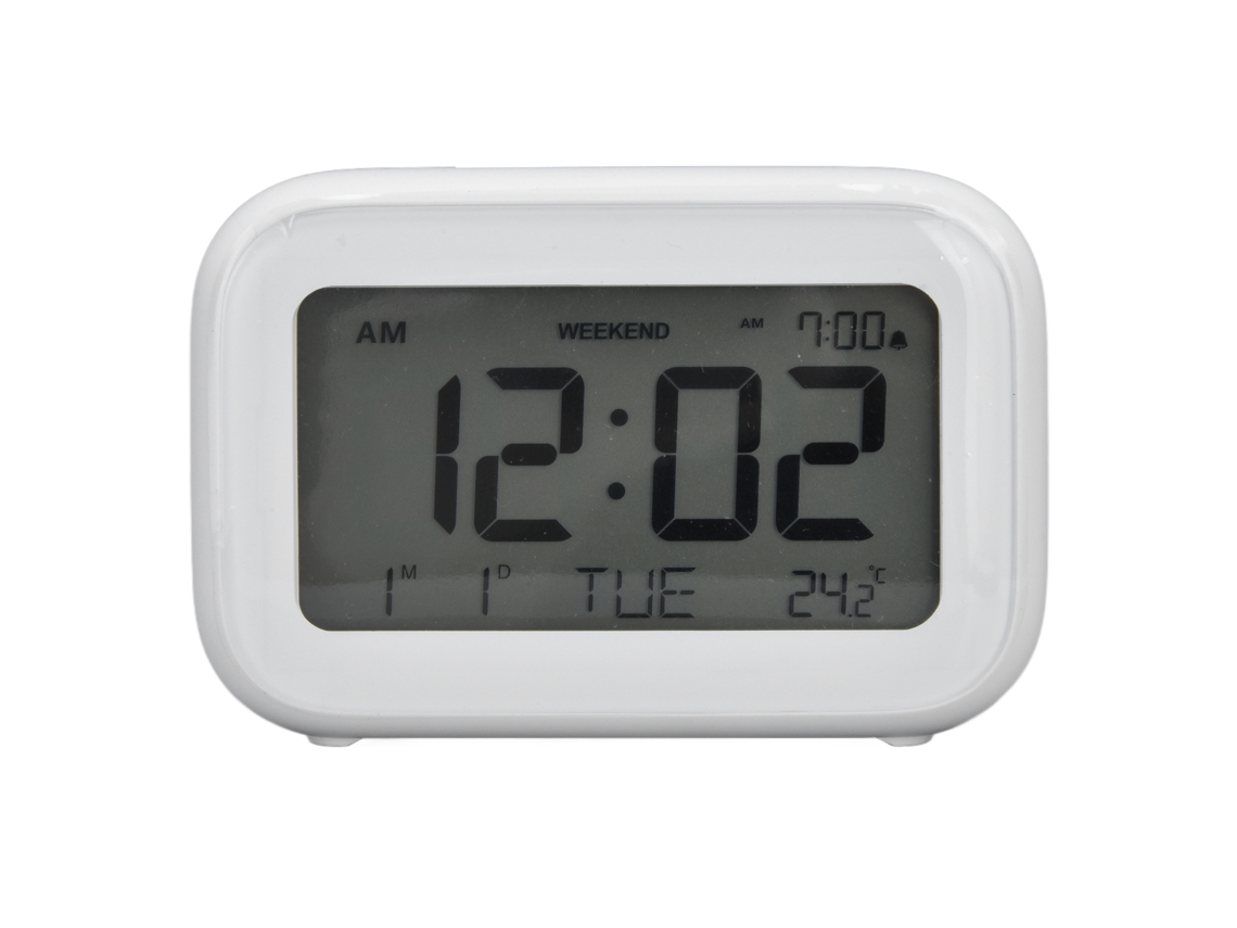 Mini reloj despertador digital Baok-reloj con pantalla LCD, función de repetición de alarma, formatos de 12h/24h para dormitorio, viajes, oficina, blanco