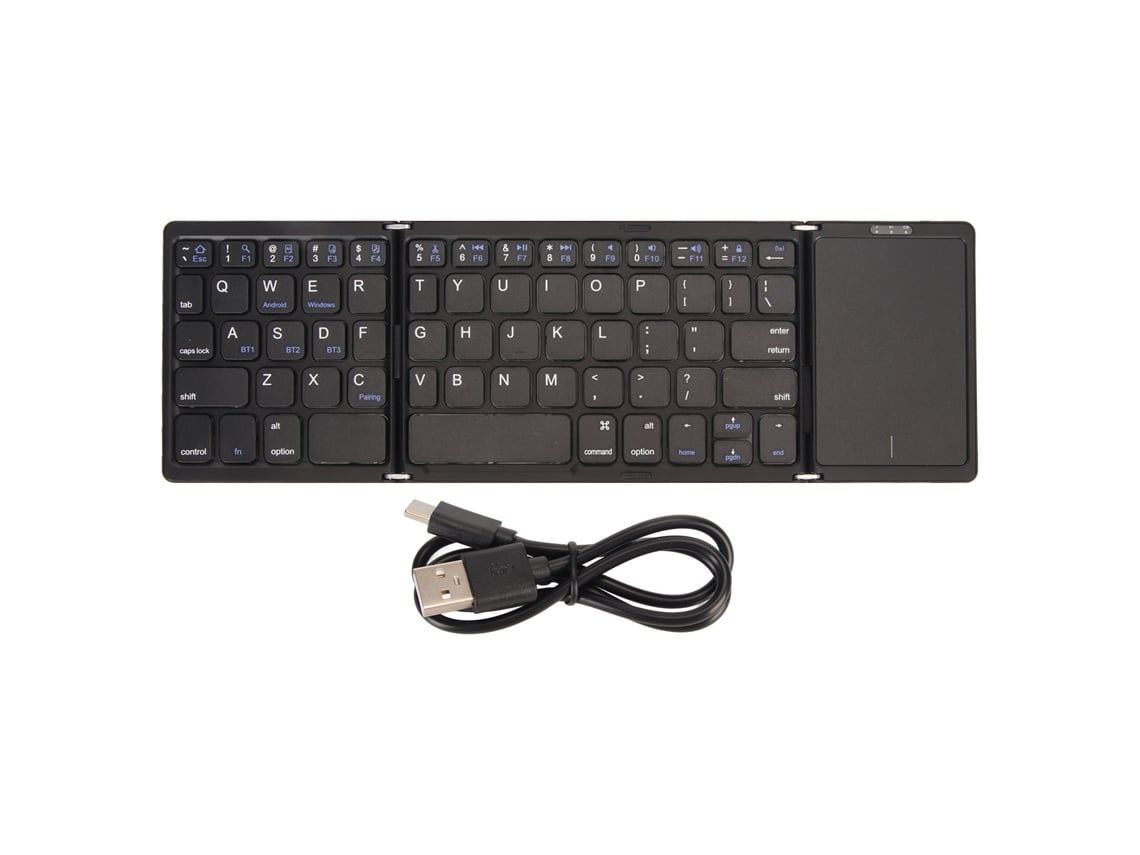 Teclado Sem Fio Plegável Com Touchpad 3 Dobras Para Tablet Pc Smartphone Bateria Integrada B089t Preto