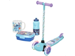 Pack Stitch para niños: patinete + set de desayuno con taza, fiambrera y botella de agua.
