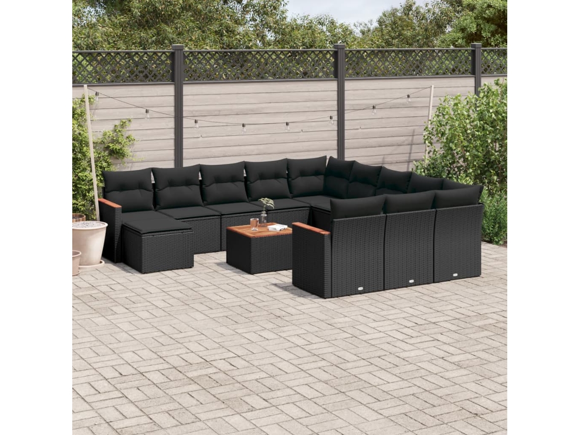 Conjunto de sofá de jardín de 13 piezas con cojines de mimbre sintético negro, Dkd Home Decor