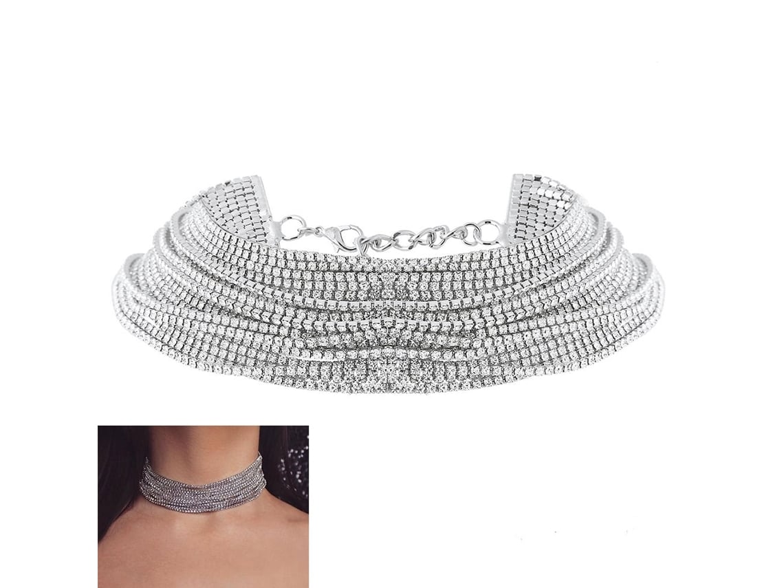 Colar De Luxo Adornado Com Diamantes Artificiais E Cristais, Colar Multicamadas Chamativo, Acessório De Joalheria De Moda (prata).