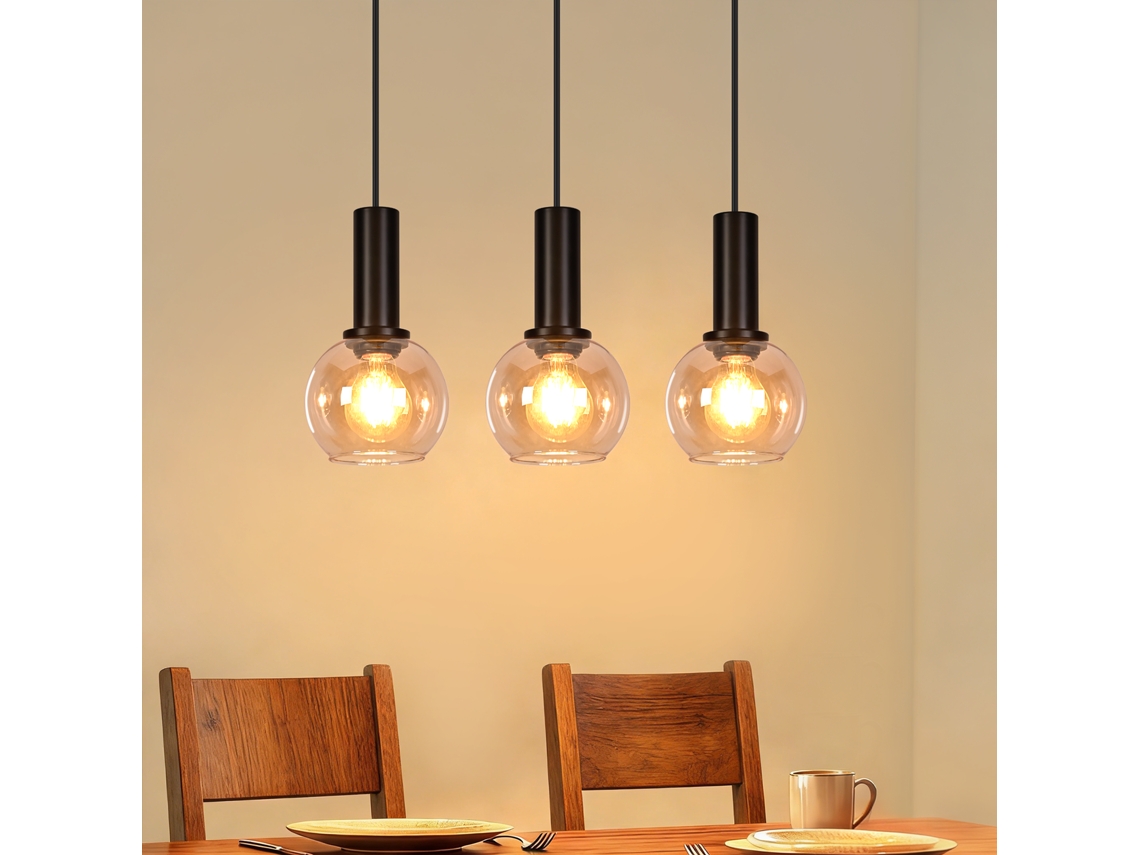 Candeeiro Suspenso em Preto 3 Luzes Estilo Industrial Vintage Vidro Casquilho E27 Altura Regulável para Sala de Estar e Sala de Jantar ZMH