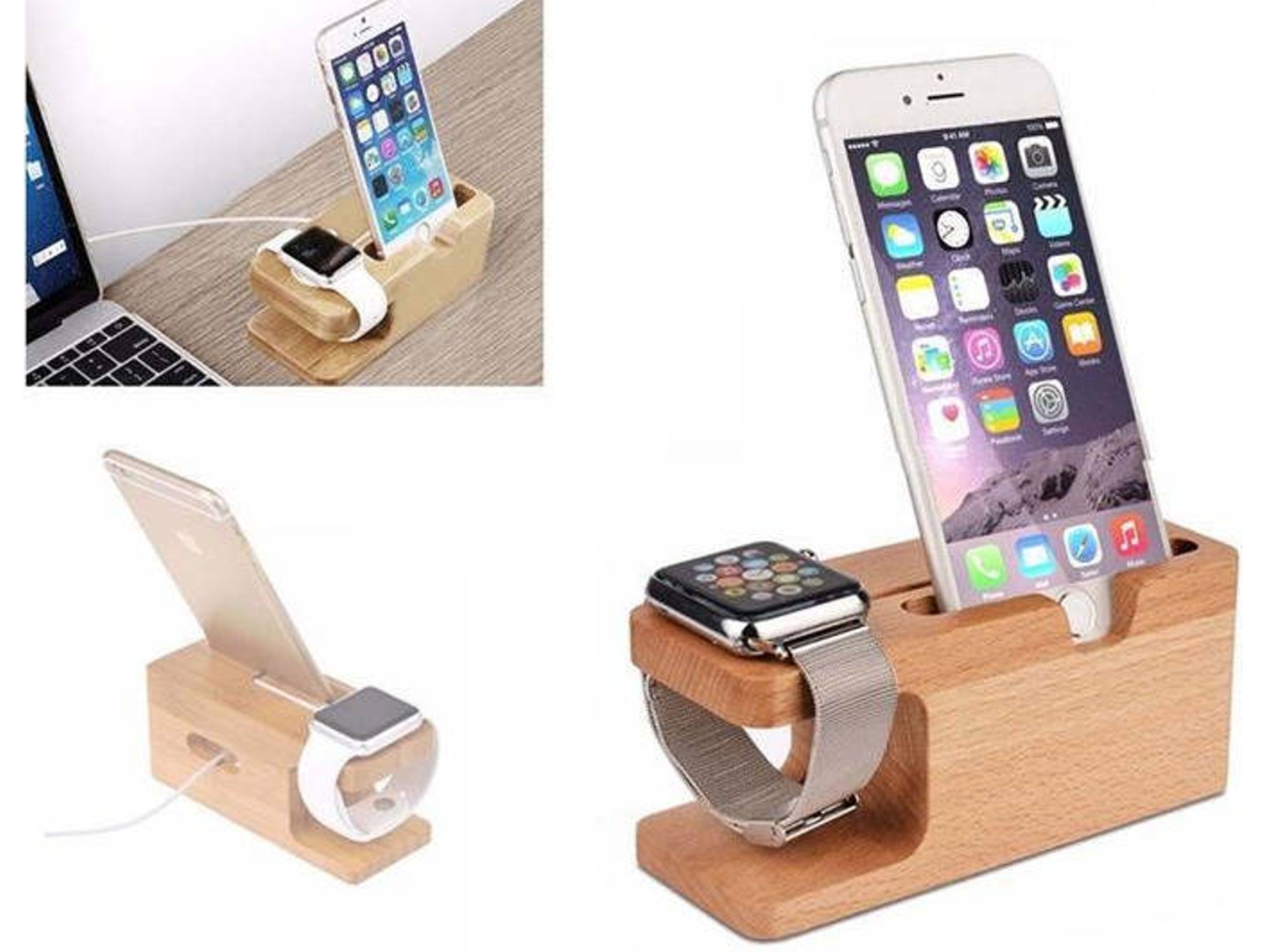 Soporte de Carga Dock para iPhone / Apple Watch Madera Bambú