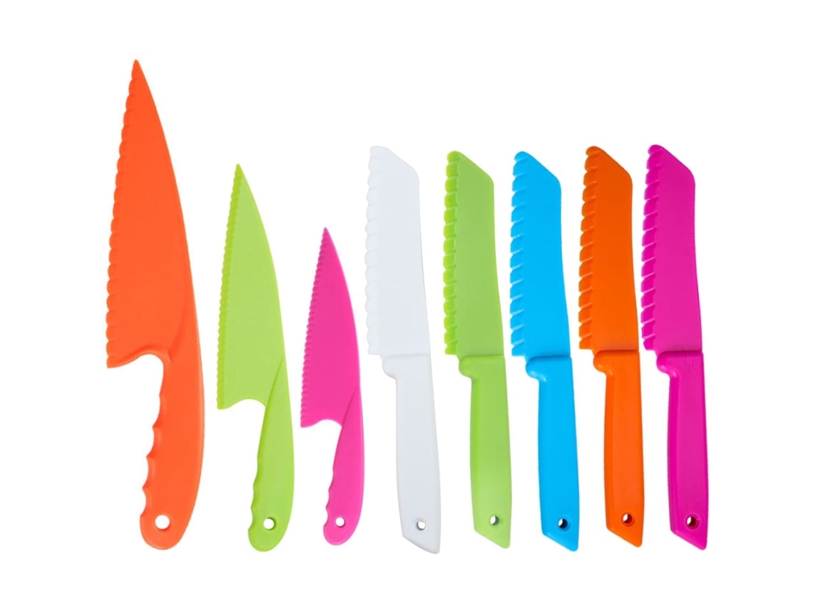 Juego de 8 cuchillos de cocina de plástico y nailon seguros para niños, aptos para frutas, pan, pasteles, ensaladas, lechuga y más.