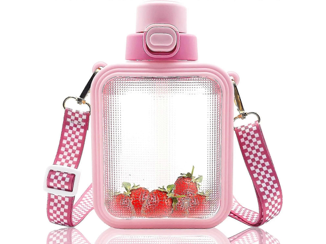 Botella De Agua Cuadrada Kawaii Con Pajita Y Asa Ajustable, Botella De Agua Deportiva Portátil Con Adhesivo De Dibujo Animado. Rosewell