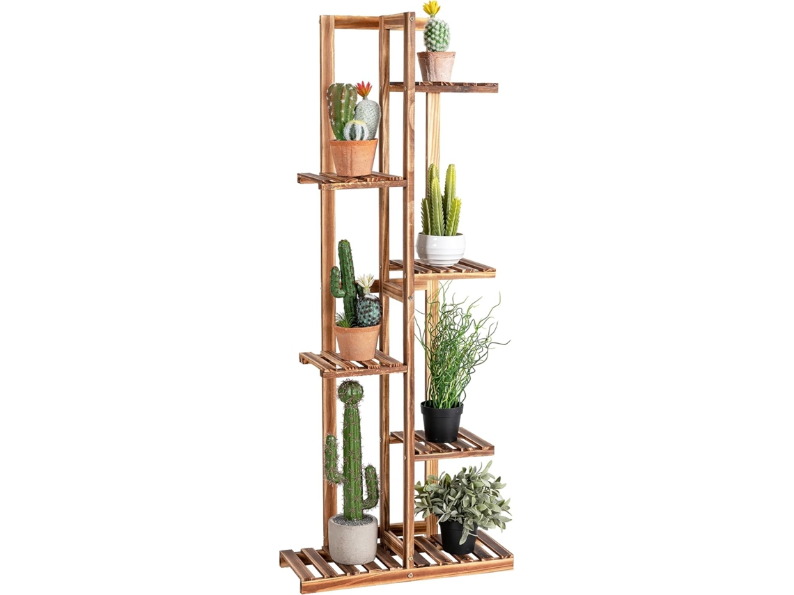 Soporte para Plantas de Madera con 6 Niveles, Estante para Flores para 7 Macetas, Porta Plantas con Dispositivo Antivuelco COSTWAY