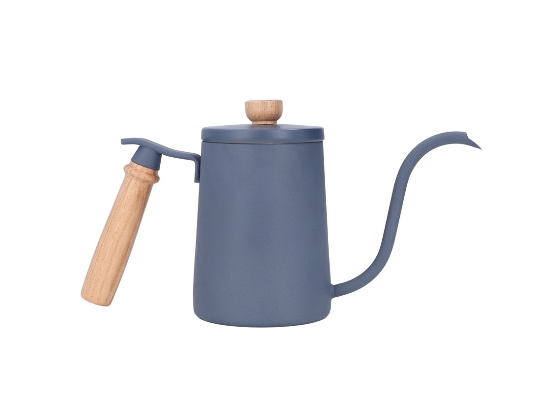 Jarra de café de goteo de 600 ml con cuello de cisne y asa de madera, de acero inoxidable y color azul.