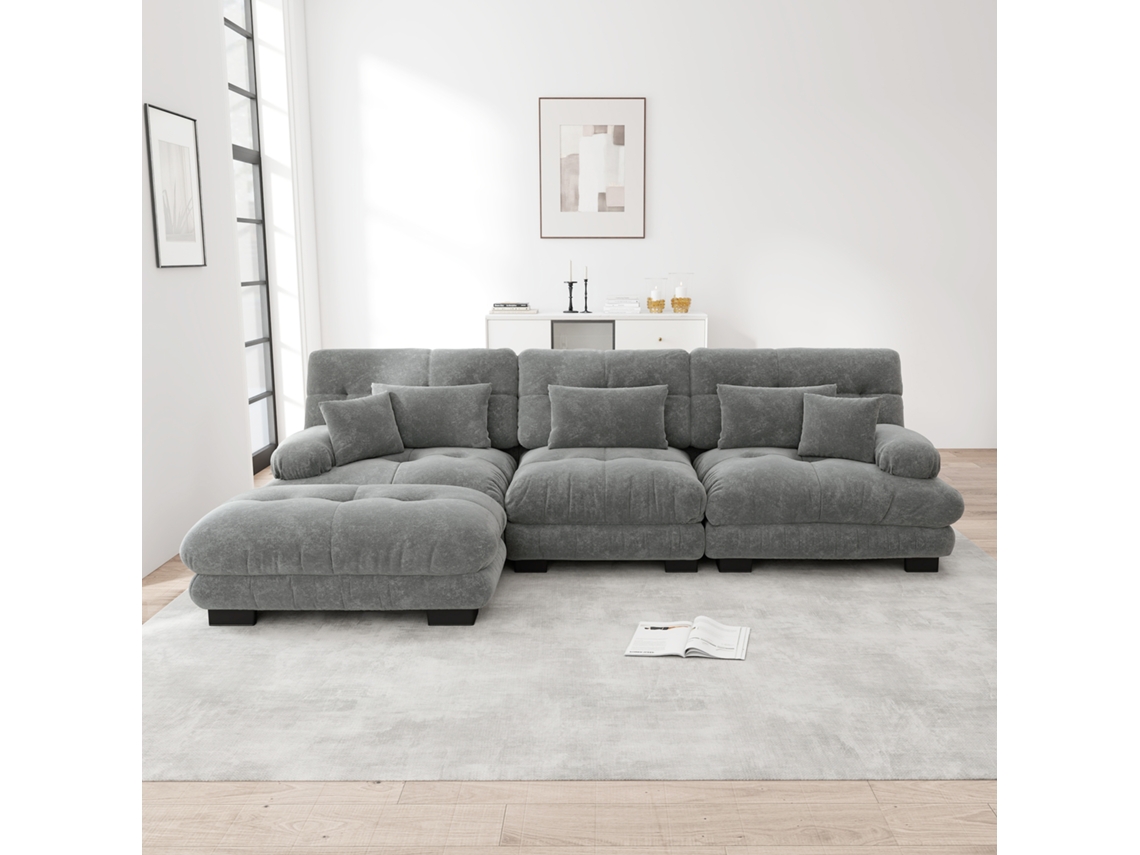 Sofá modular en forma de L con otomana, sofá cama de chenilla, pana, gris Mobrio