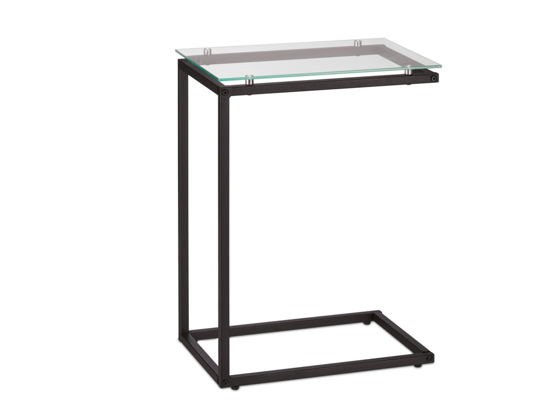 Relaxdays Mesita Auxiliar, Mesita Noche Forma De C, Tablero Vidrio, Marco Metal, Diseño Industrial, 61x30x45 Cm, Negro