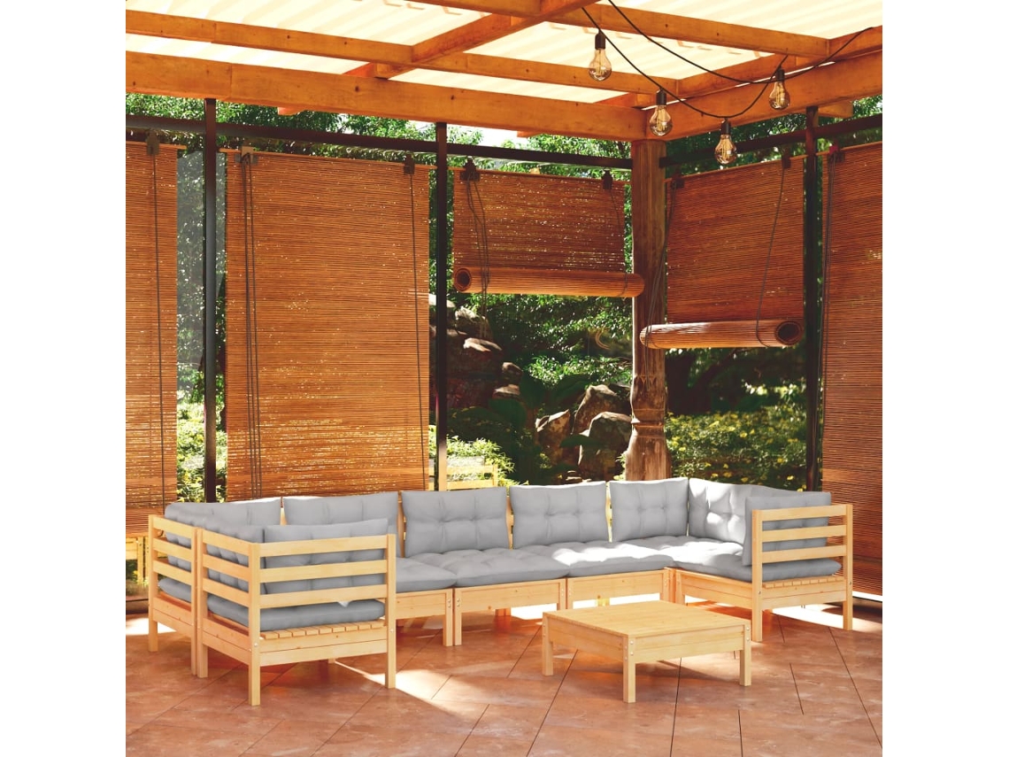 Conjunto Lounge Jardim 8 Peças C/ Almofadões Cinza Pinho Dkd Home Decor