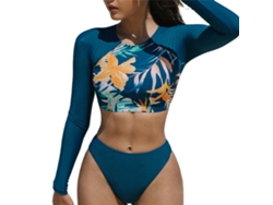 Traje de baño de dos piezas con mangas largas, estampado floral, azul marino, talla L.