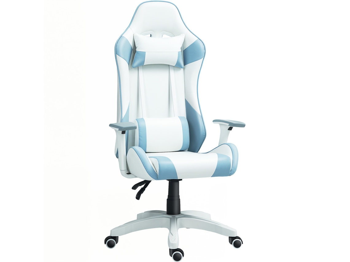 Silla gaming reclinable con cojín lumbar, reposacabezas inclinable y altura ajustable, 67x60x120 (128 cm), blanca y azul.