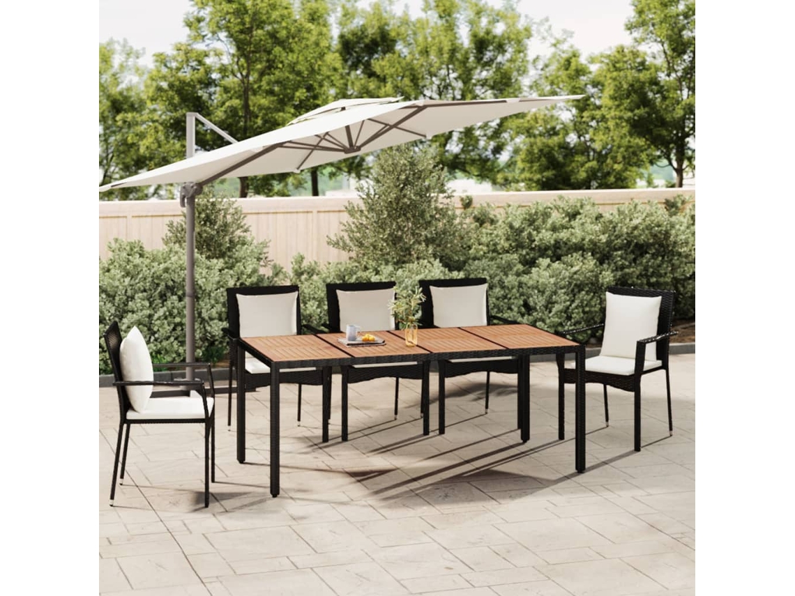 Mesa de jardín LOVELY HOME con tapa de madera de mimbre y patas de acacia maciza en color negro (190 x 90 x 75 cm)