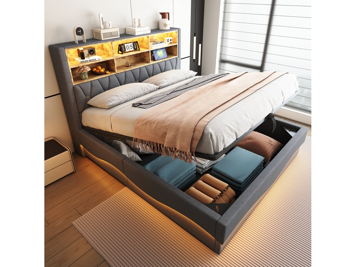 Cama De 180x200 Cm Con Iluminación Led, Aplicación, Sistema Hidráulico, Usb Y Color Gris Lino.