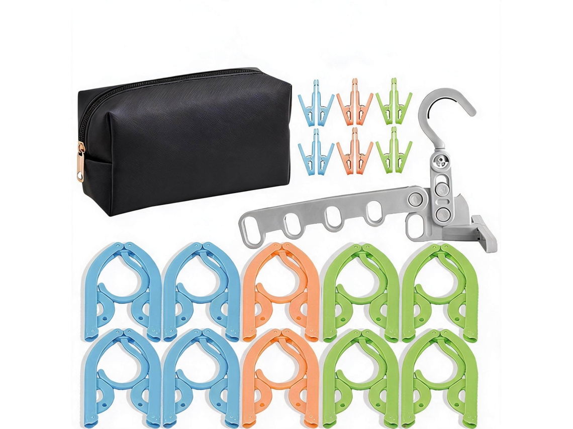 Set Perchas Eifson Plegables Viaje 10 Perchas Con 12 Pinzas + Percha 5 Agujeros + Bolsa (negro)