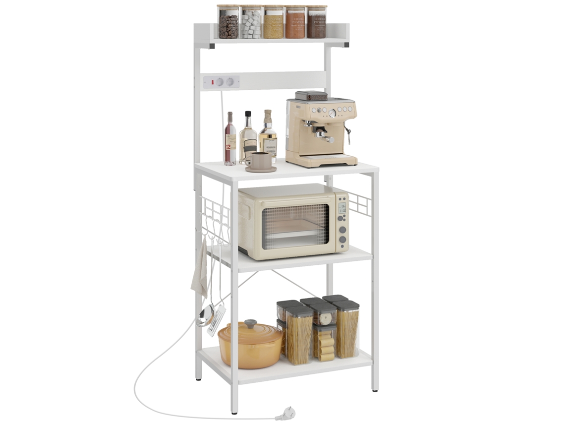 Estantería De Cocina Con 2 Tomacorrientes Estante Para Microondas Ajustable Ganchos 60x42x137 Cm Blanco