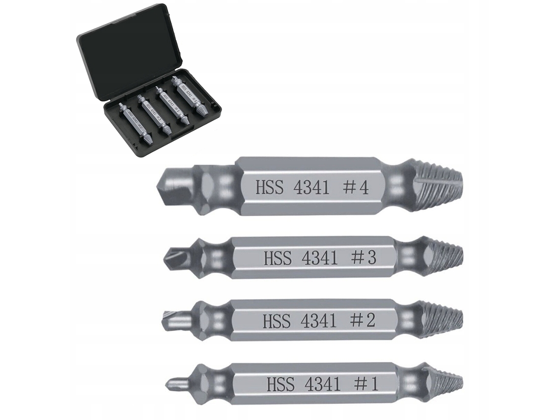 Juego de puntas para retirar tornillos dañados – 4 piezas | Metal resistente | Para reparaciones rápidas