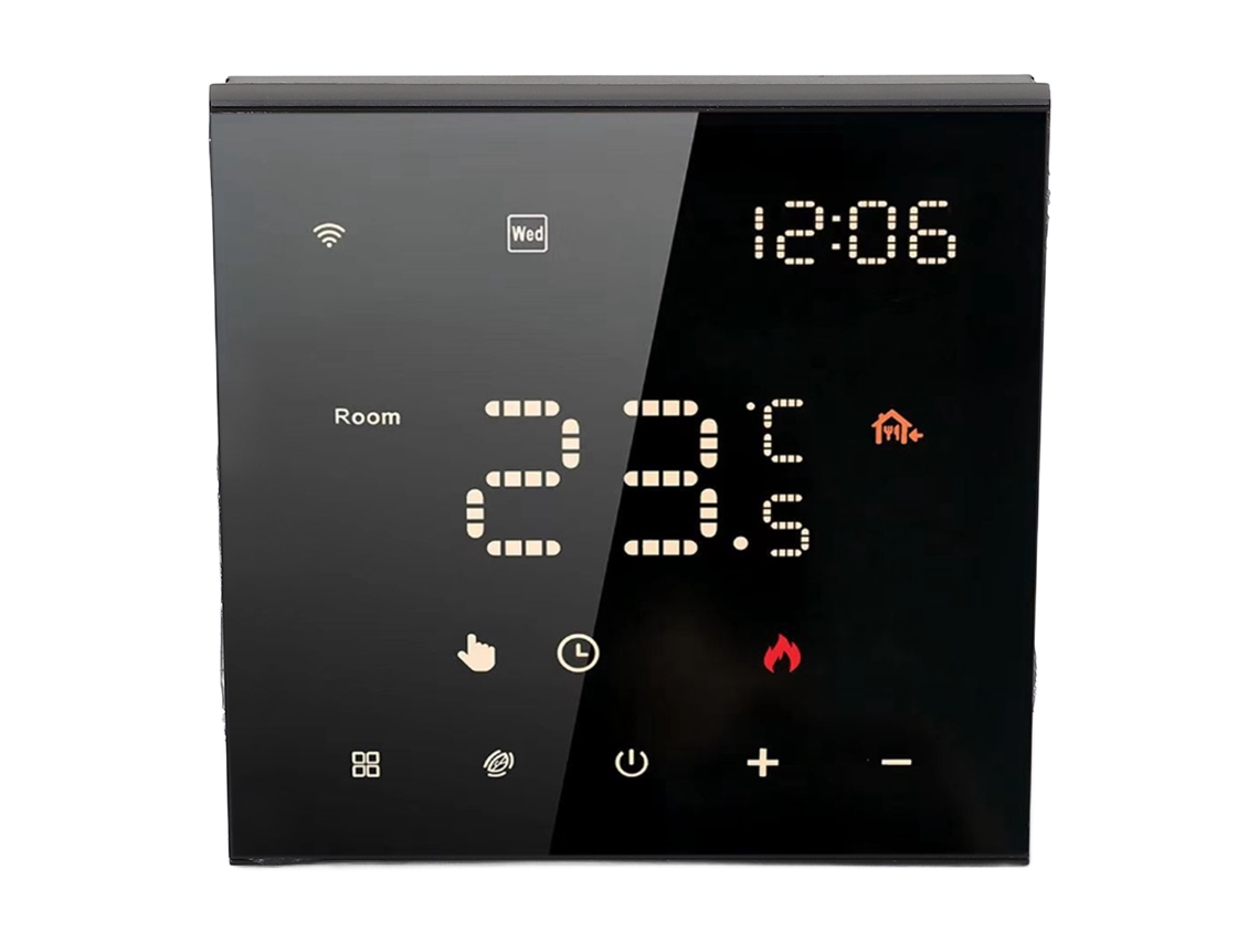 Termostato inteligente controlado por pantalla táctil y aplicación.