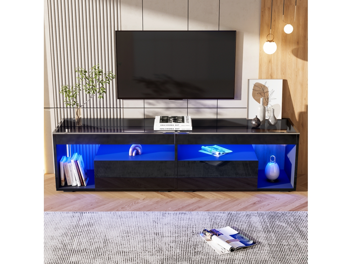 Mueble TV Brillo 180x50x46 cm con 2 cajones con LED para televisores de hasta 70 negro Mobrio