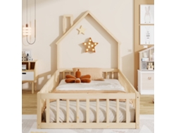 Cama Infantil 90x200cm, Forma Chimenea, Sombrilla De Láminas Incluida, Pino Natural, Seguridad 120kg, Sin Colchón