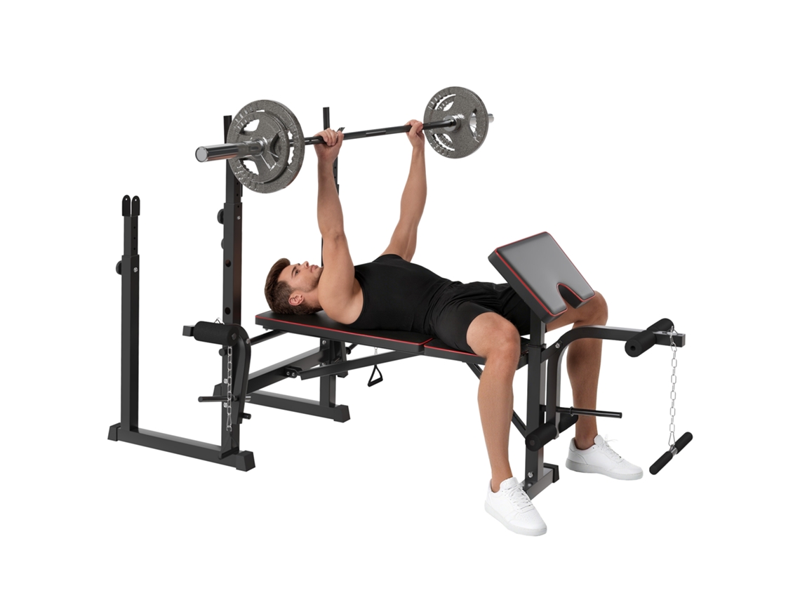 Banco de pesas plegable, banco multifuncional con soportes para barra y respaldo ajustable para entrenamiento de cuerpo completo, color negro.