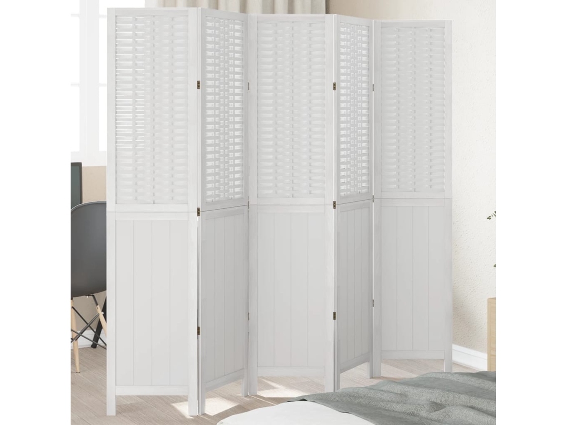 Biombo Separador De 5 Paneles Madera Maciza Paulownia Blanco