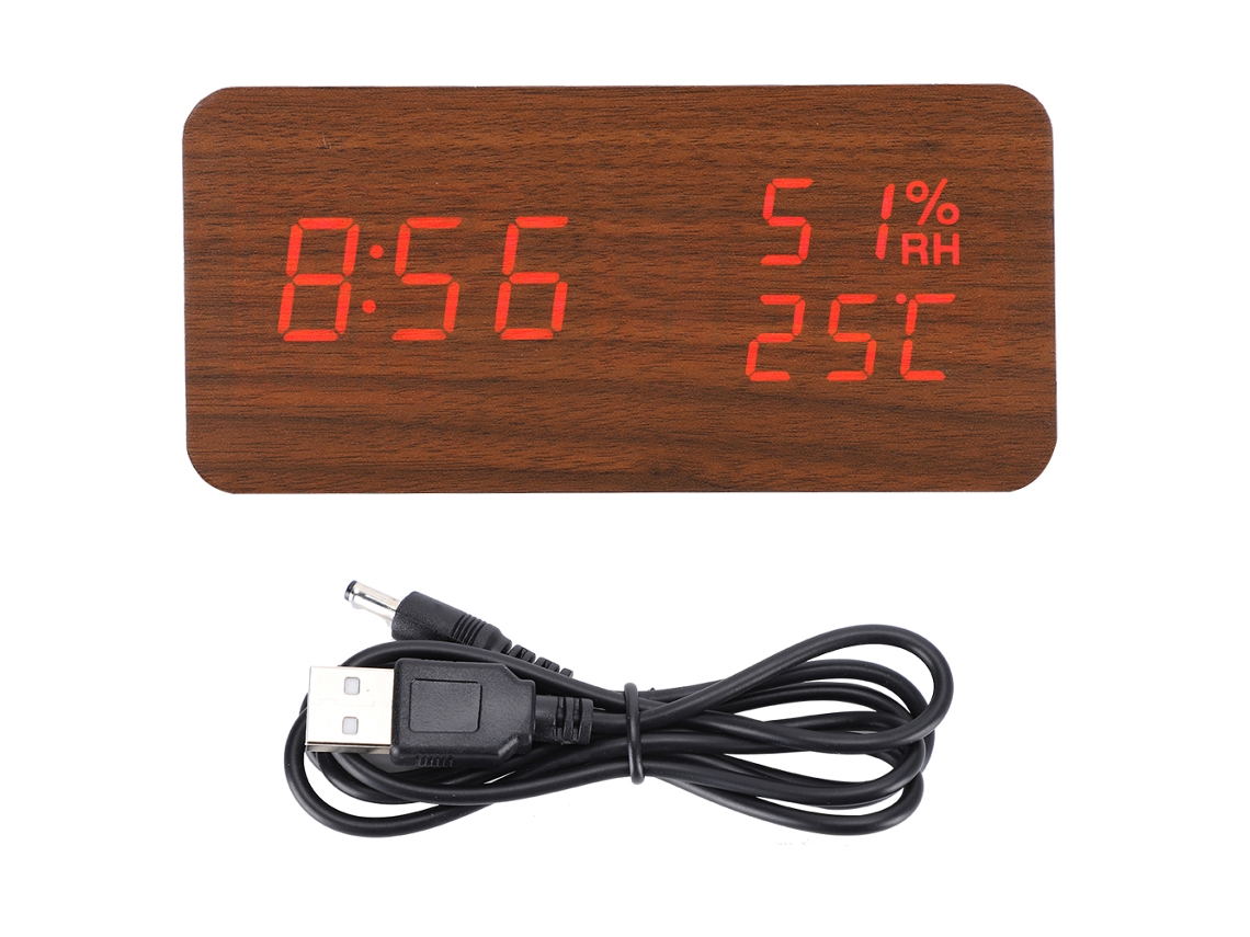 Despertador de madera con LED y control de voz, rectangular, madera marrón, con luz roja, digital
