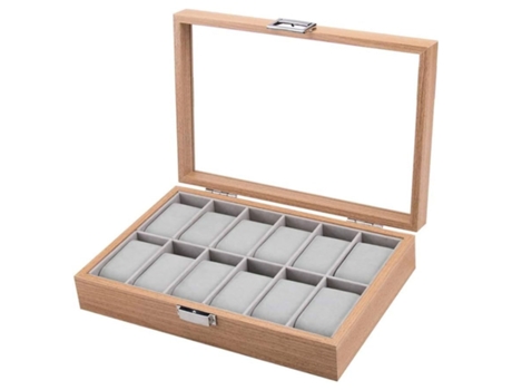 Caja para relojes organizador de reloj con 12 compartimentos y almohadillas extraíbles tapa de cristal (12 Relojes Color Marron)