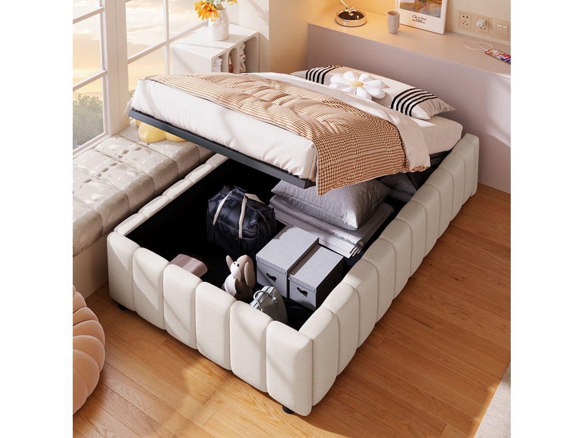 Cama tapizada de 90 x 200 cm con canapé hidráulico, sin cabecero, sin colchón, estilo beige