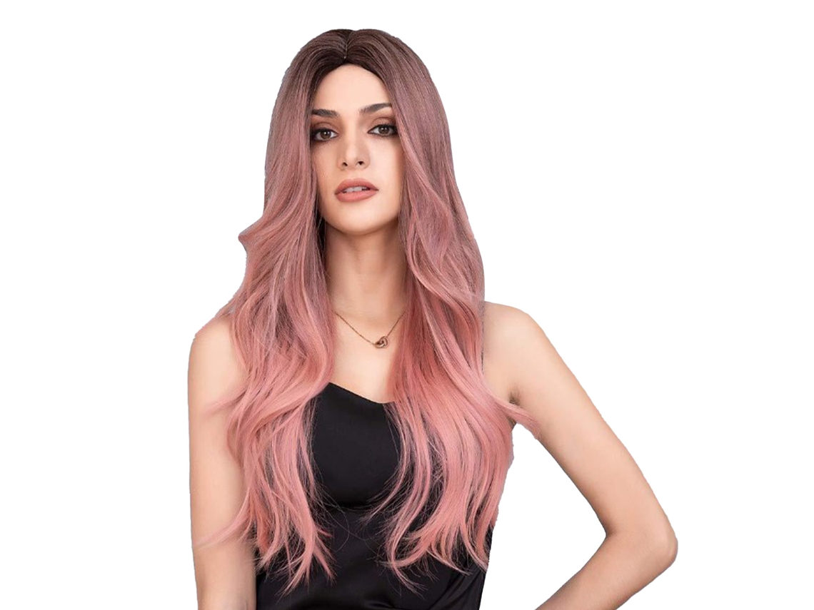 Perucas femininas longas onduladas com ombré rosa para cosplay e eventos especiais em 2026.