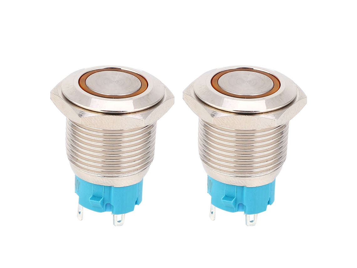 2 pulsadores de metal de 16 mm, 12-24 V CC, autocierre con luz amarilla, 1 NA, 4 pines