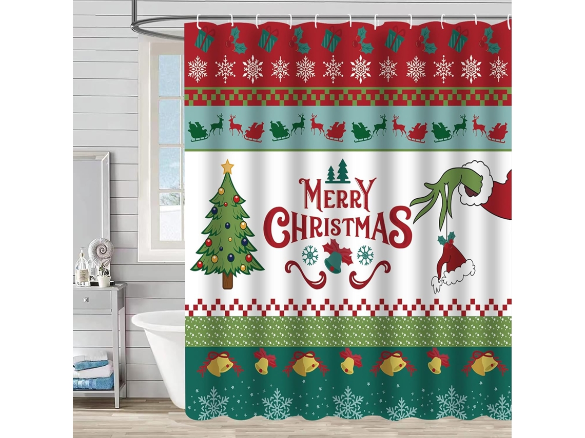 Cortina de ducha del Grinch – Cortina de baño navideña con copos de nieve rojos y verdes, 182x182 cm, impermeable, con 12 ganchos