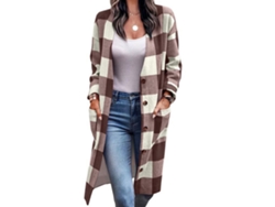 Casaco feminino Rebe de manga comprida e gola alta com decote redondo e bolsos, estilo casual elegante, tamanho M, marrom claro.