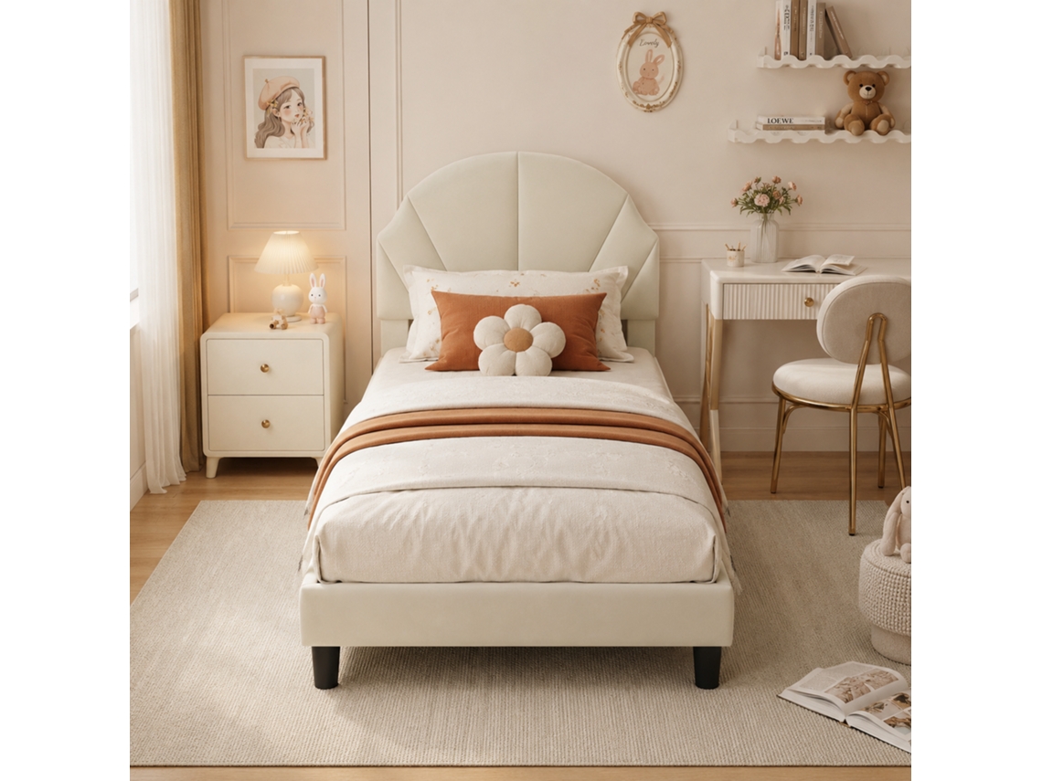 Cama Infantil Princesa 90x190 Cm Con Cabecero En Forma De Concha, Cama Individual Infantil Terciopelo, Cabecero Regulable En Altura, Color Beige
