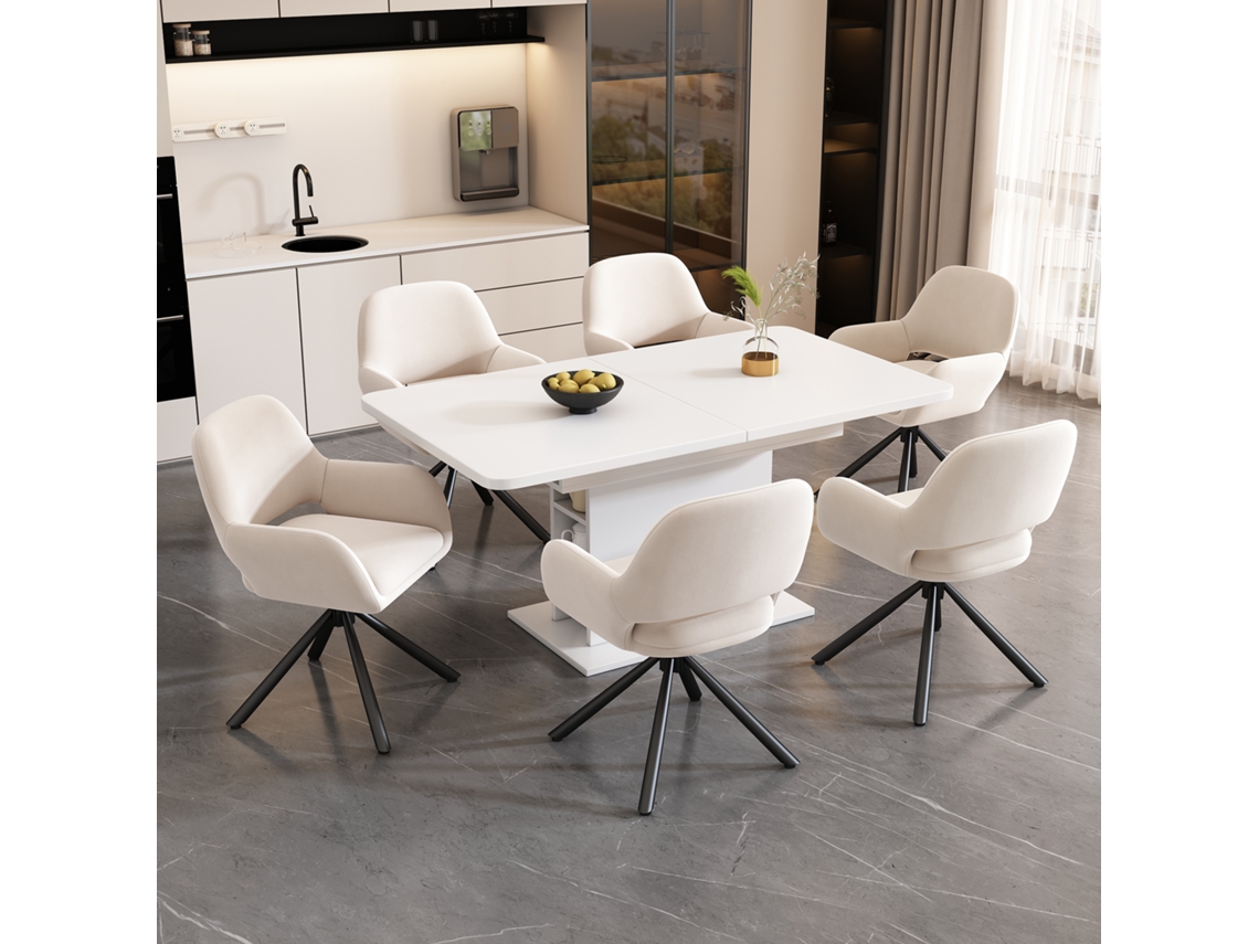 Juego De Comedor Con Mesa Extensible Y 6 Sillas, De Terciopelo Y Metal Blanco.