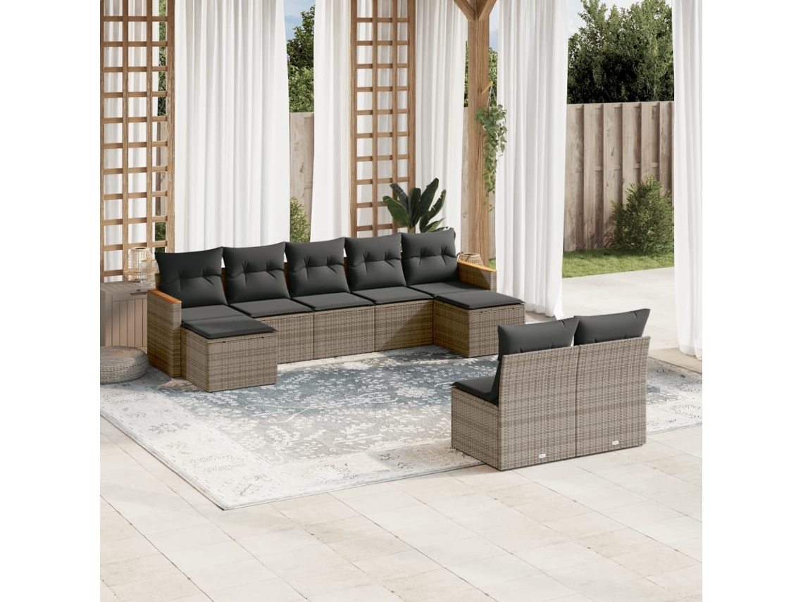 Conjunto de sofá de jardín de 9 piezas con cojines, mimbre gris, DKD Home Decor