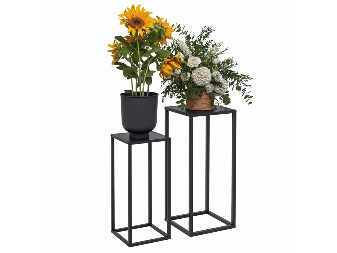 Juego de 2 soportes para macetas integrados, 2 alturas diferentes: 58,5 y 65 cm - Acero negro