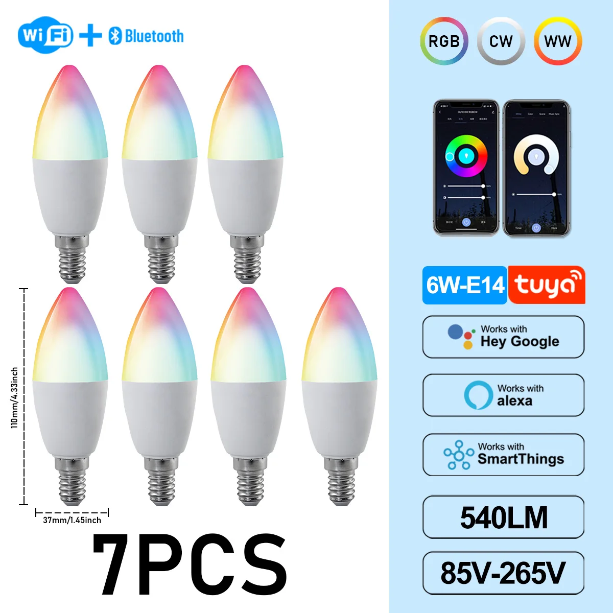 (7 Bombillas, Ac85-265v) Bombillas Led Tipo Vela Graffiti De 6w C37 E14, Control Por Aplicación, Aptas Para Lámparas De Araña De Cristal.