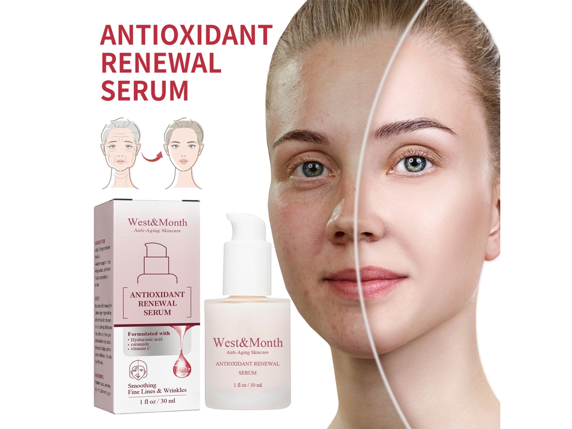 Sérum renovador antioxidante con fórmula hidratante antiarrugas, ácido hialurónico y vitamina C.