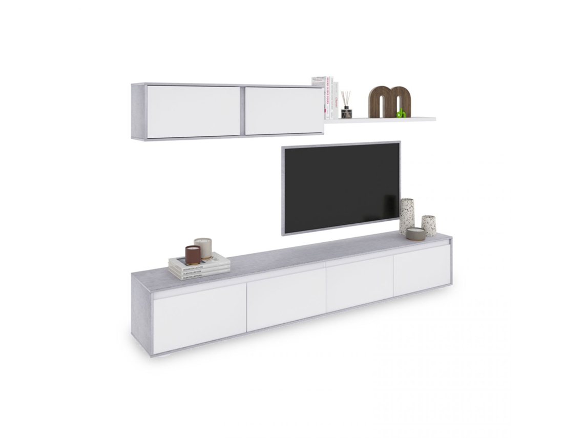 Salón con mueble de TV y estantería 200 cm Arlet Blanco Artik (Blanco Mate) - Gris Cemento 200 x 43 x 41 cm