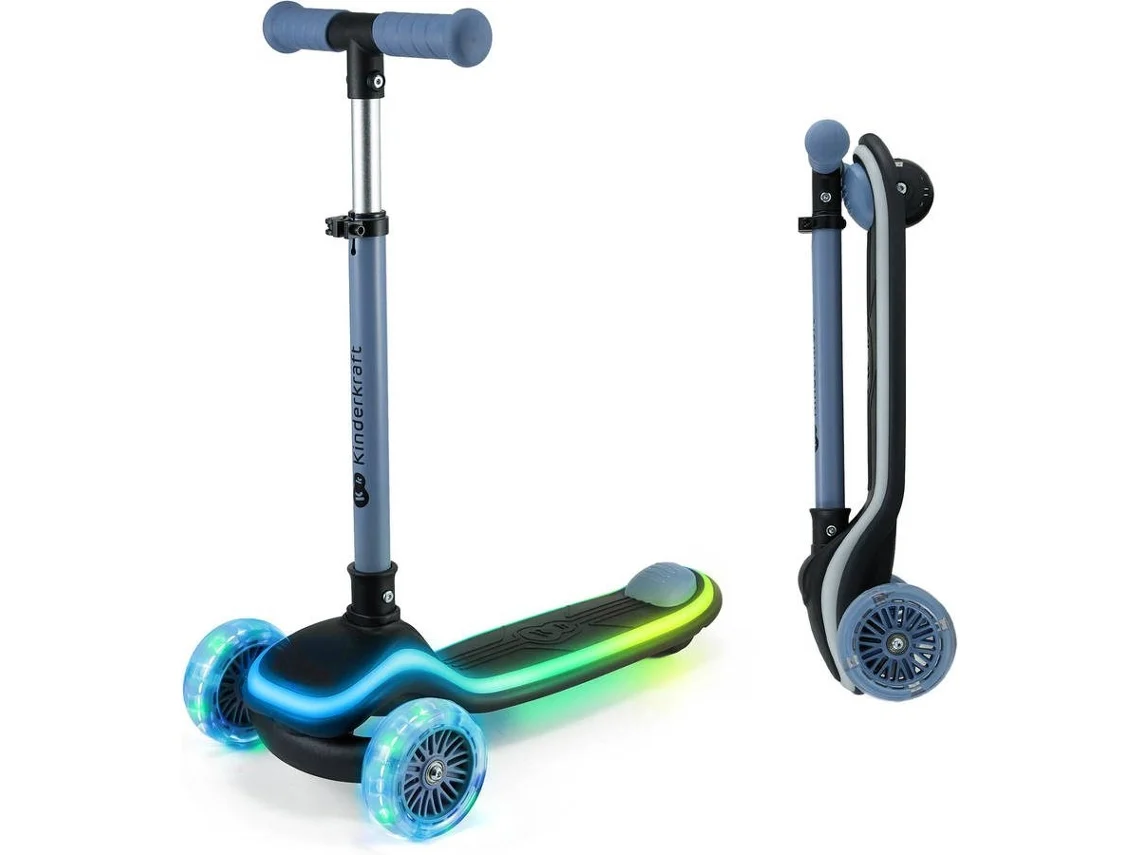 Patinete LED de 3 Ruedas Kinderkraft RAKET con base iluminada RGB, manillar ajustable y dirección por inclinación Azul