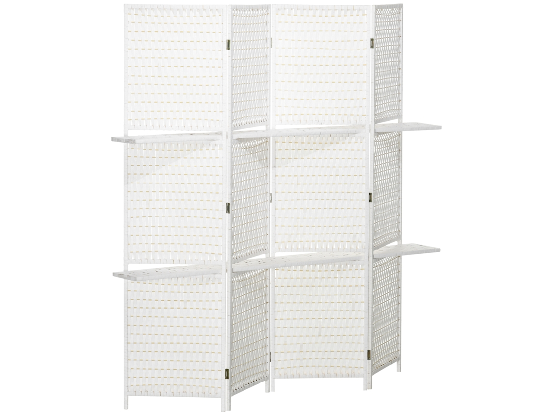 Biombo plegable con 4 paneles y estantes, blanco, 181x180 cm