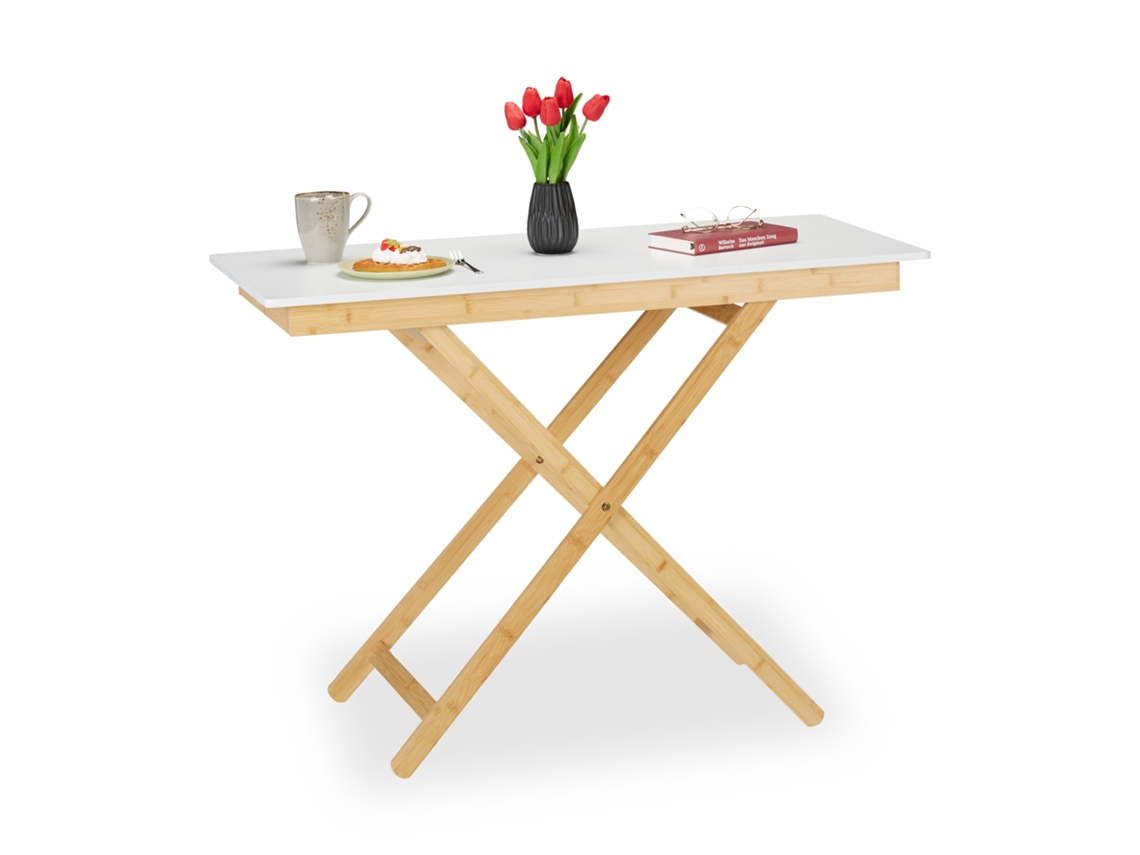 Relaxdays Mesa Plegable Altura Ajustable, Bambú Y Mdf, Mesita Auxiliar, Salón, Balcón, 70 X 105 X 50 Cm, Natural/blanco