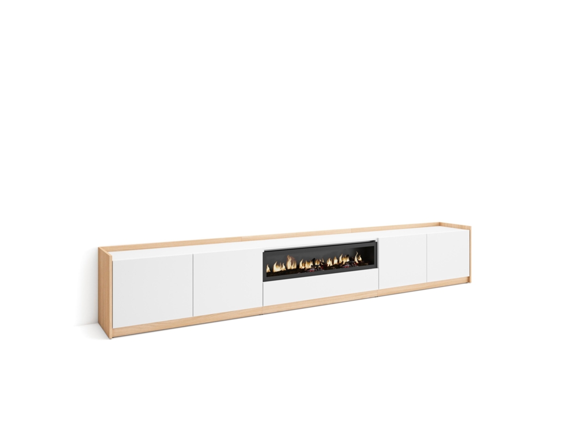 Mueble para TV, 310x37x50cm, para televisores de hasta 80'', chimenea eléctrica, blanco y roble claro.