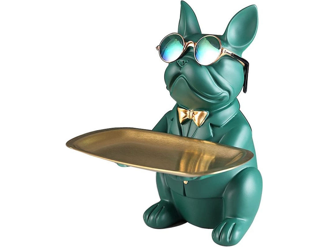 Estatua De Bulldog Francés Con Placa De Acero Inoxidable, Recipiente Decorativo De Mesa, Verde