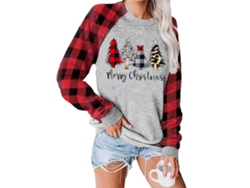 Omni-sudadera Para Mujer Con Estampado Navideño, Manga Larga, Cuello Redondo Y Capucha, Plaid Rojo En Mangas, Talla L