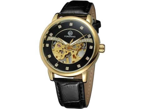VEANXIN Relojes de pulsera impermeables con correa de cuero y esfera mecánica esquelética-Negro